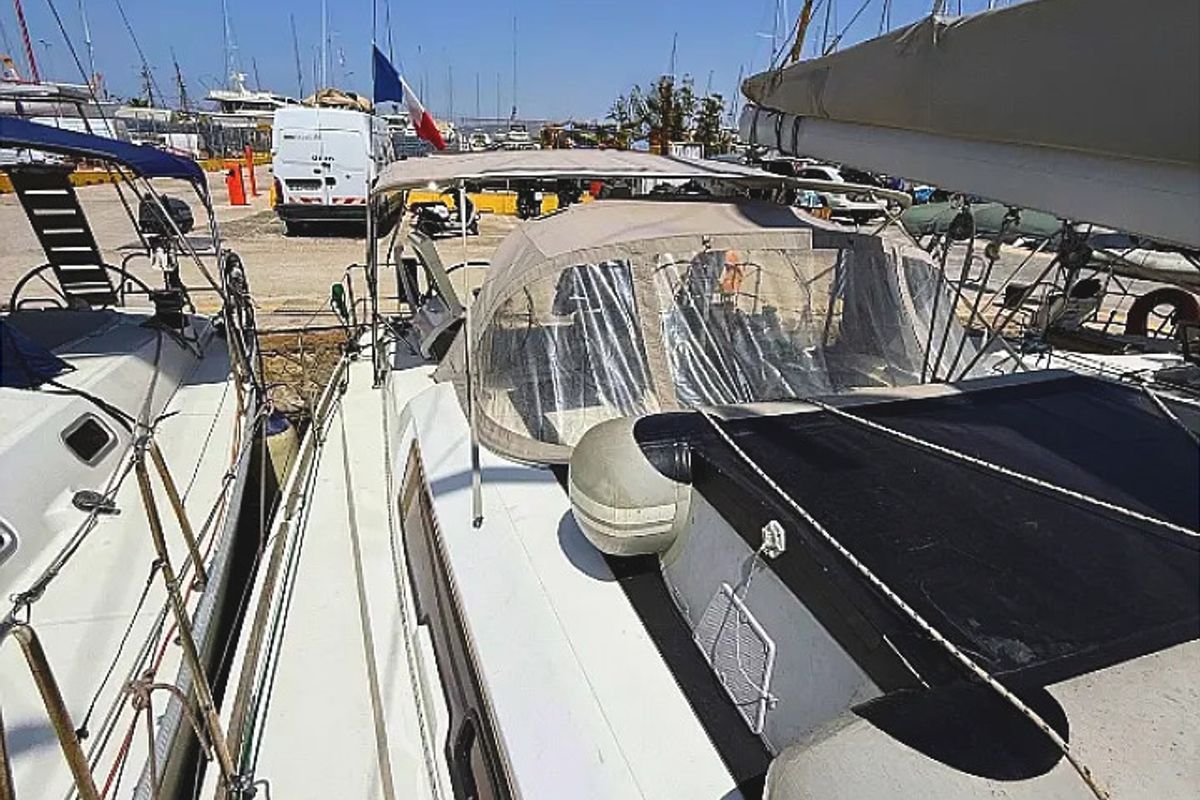 Deck of Freedom, a Dufour 410 Grand Large sailboat at Athens, Greece