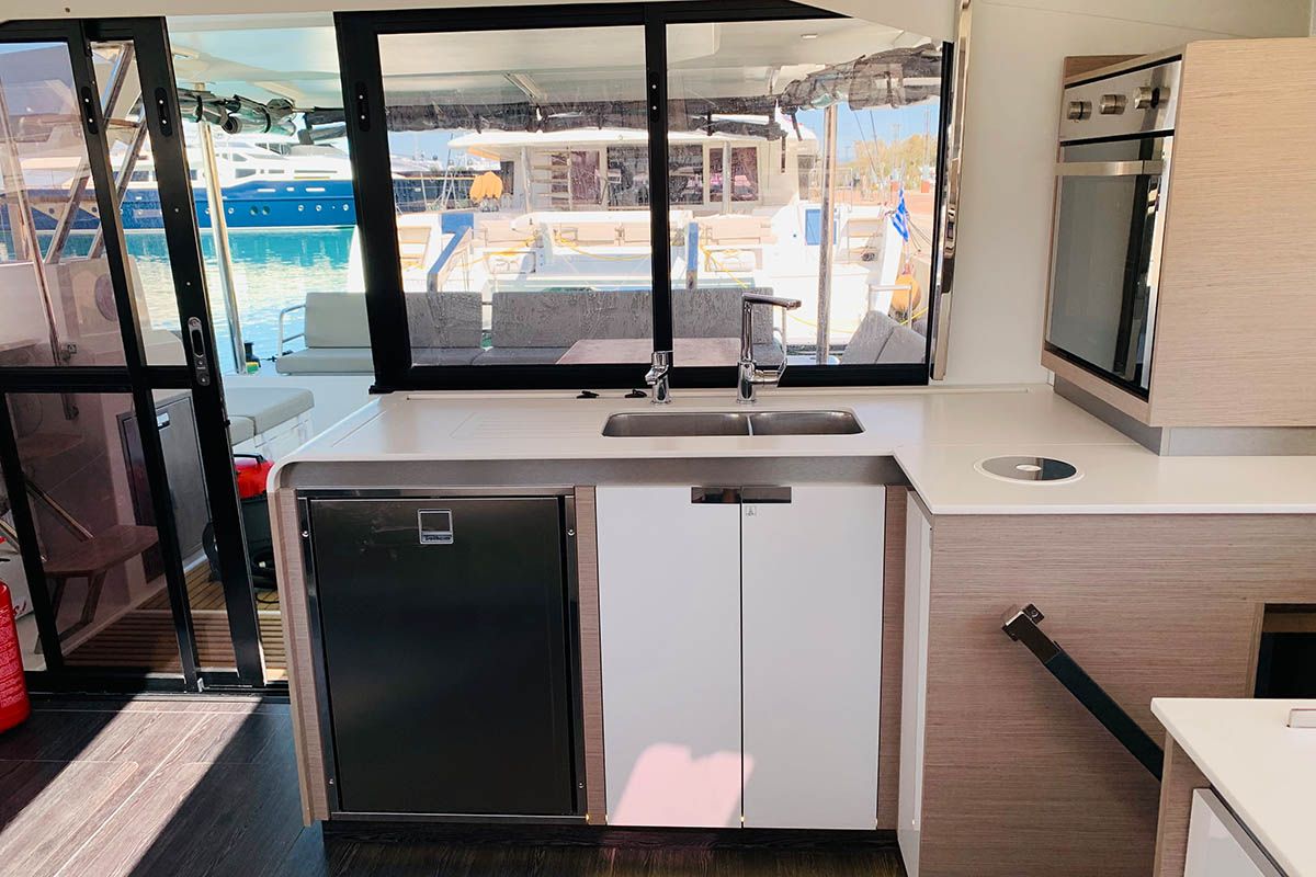 Galley of Ocean’s Twelve , a Fountaine Pajot Elba 45 catamaran at Athens, Greece