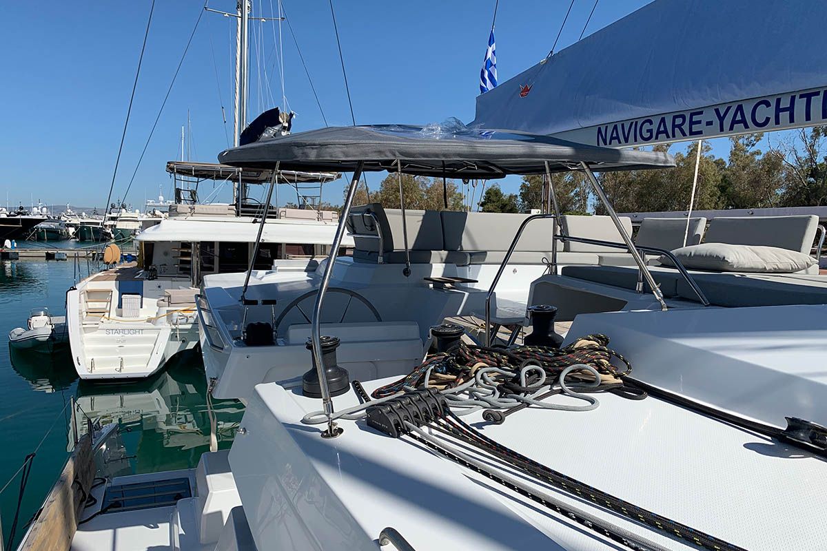 Deck of Ocean’s Twelve , a Fountaine Pajot Elba 45 catamaran at Athens, Greece