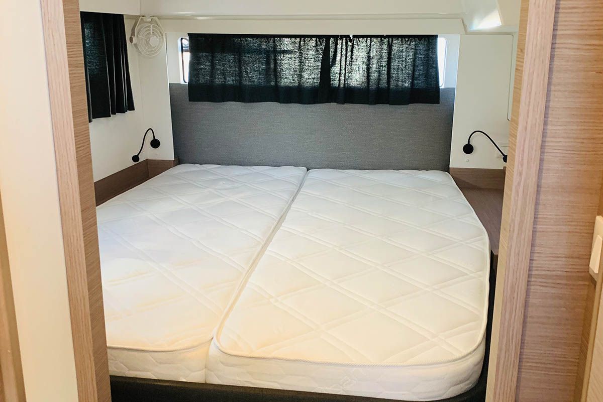 Cabin on Ocean’s Twelve , a Fountaine Pajot Elba 45 catamaran at Athens, Greece