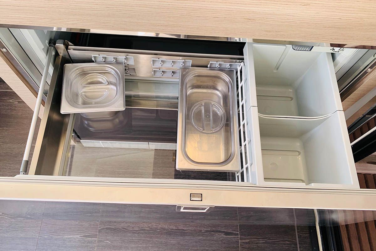 Galley of Ocean’s Twelve , a Fountaine Pajot Elba 45 catamaran at Athens, Greece