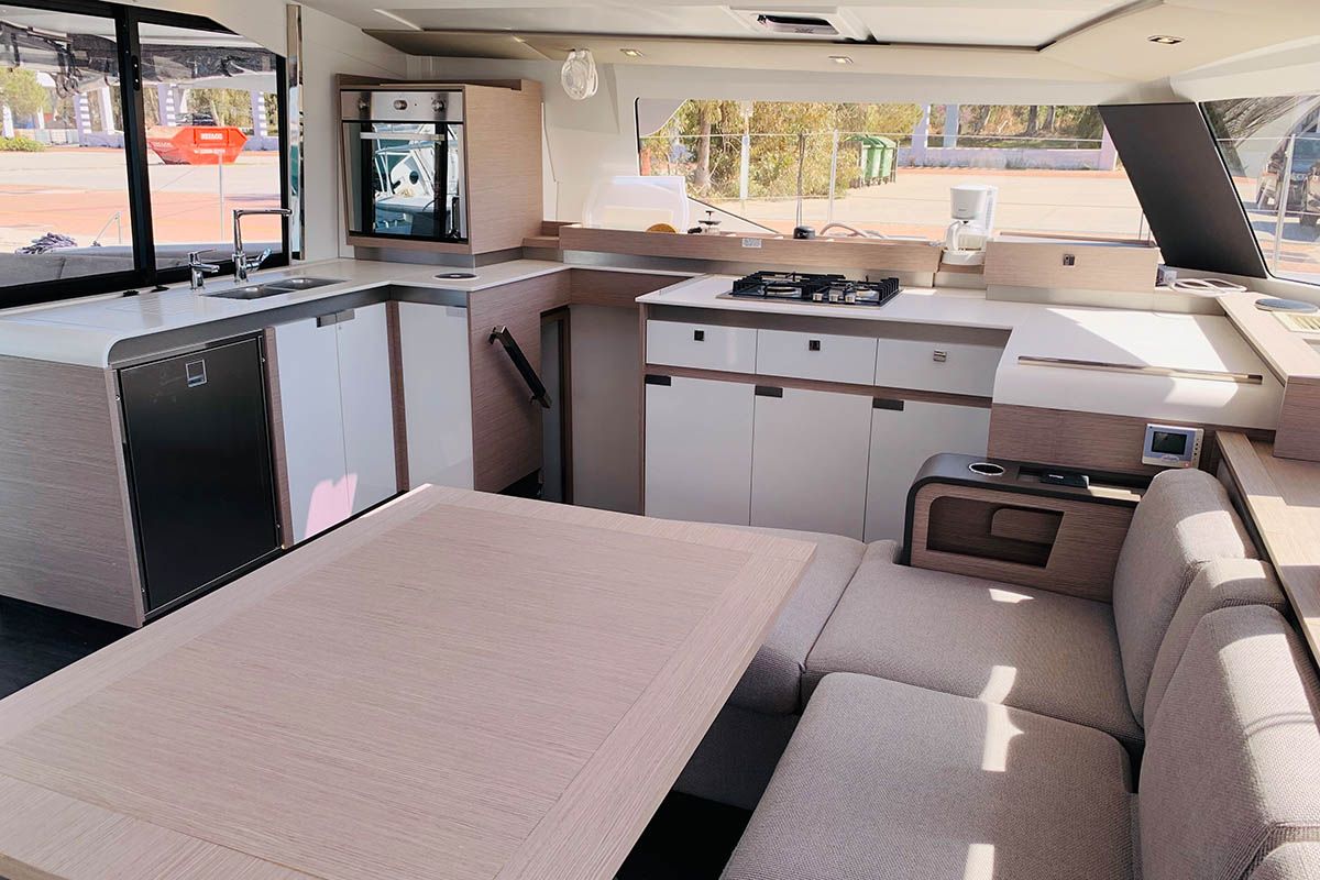 Galley of Ocean’s Twelve , a Fountaine Pajot Elba 45 catamaran at Athens, Greece