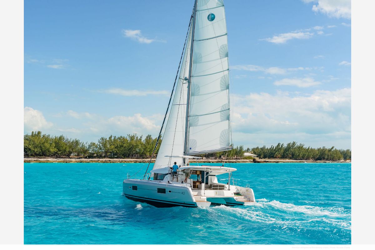 Exterior view of Nera, a Lagoon 42 catamaran at Seget Donji, Croatia