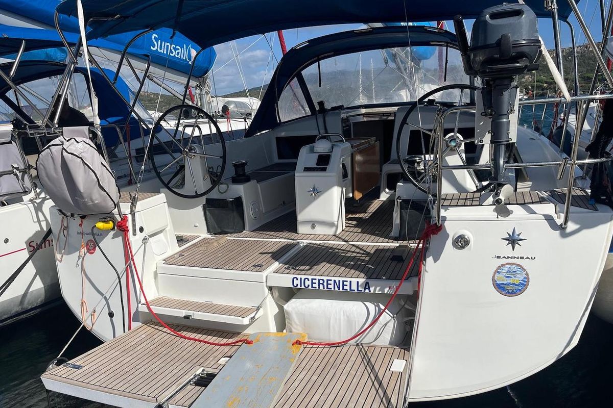 Deck of Cicerenella, a Jeanneau Sun Odyssey 440 sailboat at Cannigione, Italy