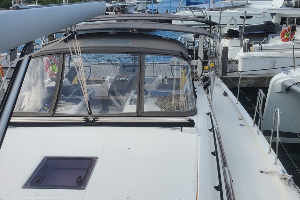 Deck of Salacia, a Dufour 470 sailboat at Charlotte Amalie, United States