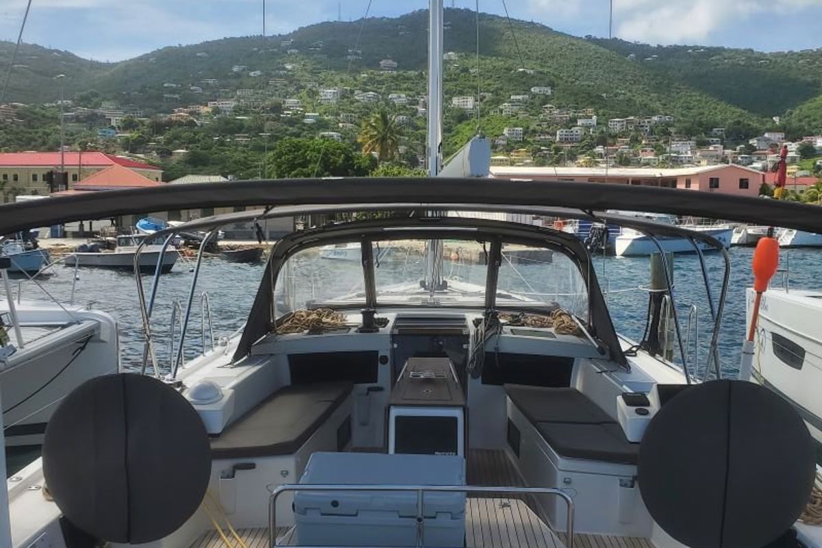 Cockpit of Salacia, a Dufour 470 sailboat at Charlotte Amalie, United States