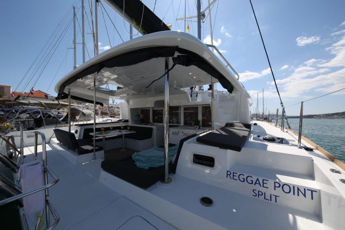 Exterior view of Reggae Point, a Lagoon 450 catamaran at Dubrovnik, Croatia