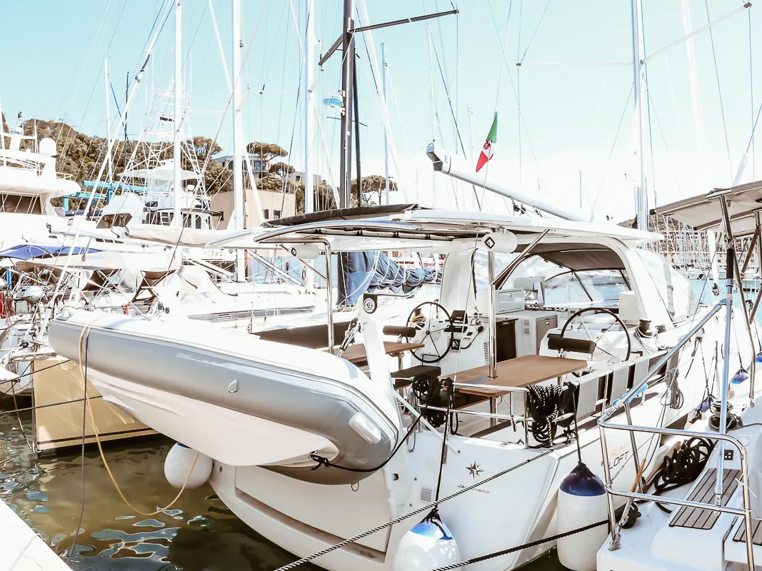 Exterior view of Polaris, a Jeanneau Sun Loft 47 sailboat at Olbia, Italy