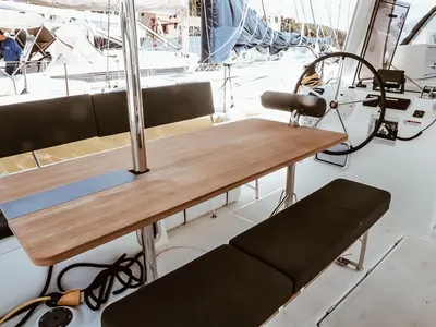 Cockpit of Polaris, a Jeanneau Sun Loft 47 sailboat at Olbia, Italy