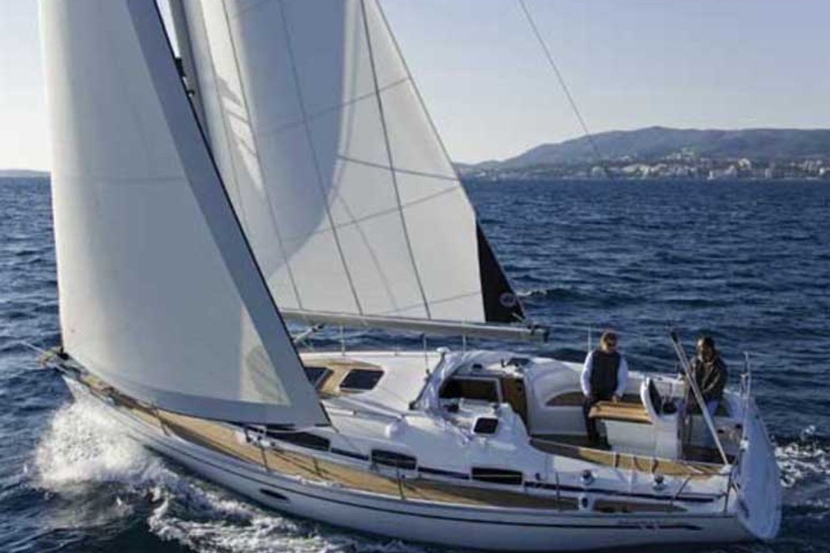 Exterior view of Evi, a Bavaria 34 Cruiser sailboat at Municipal Unit of Sikyona, Greece