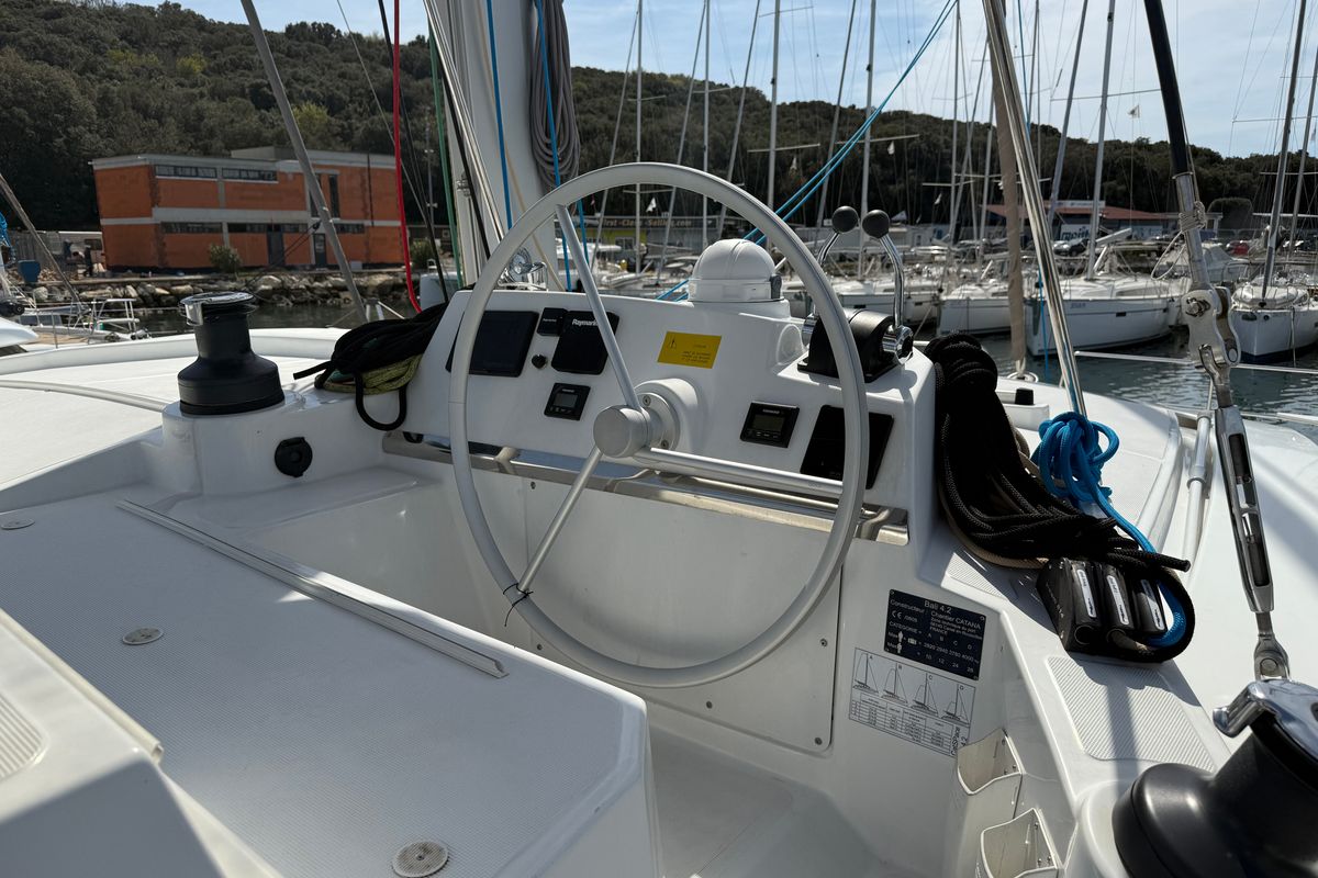 Cockpit of La Luna 77, a Bali 4.2 catamaran at Grad Pula, Croatia