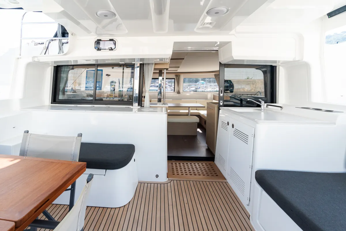 Deck of Big Cucuncio - Premium Line, a Lagoon 46 catamaran at Capo d'Orlando, Italy