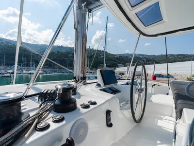 Cockpit of Big Cucuncio - Premium Line, a Lagoon 46 catamaran at Capo d'Orlando, Italy