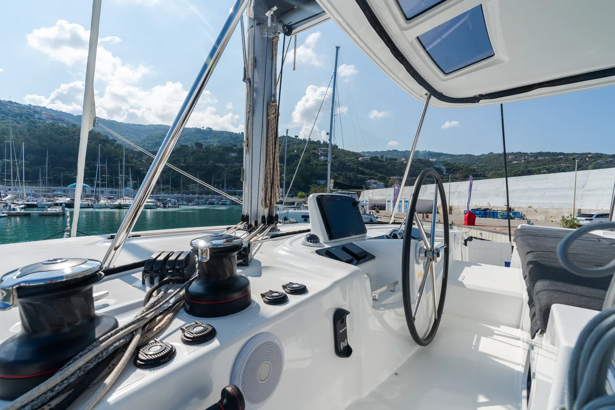 Cockpit of Big Cucuncio - Premium Line, a Lagoon 46 catamaran at Capo d'Orlando, Italy