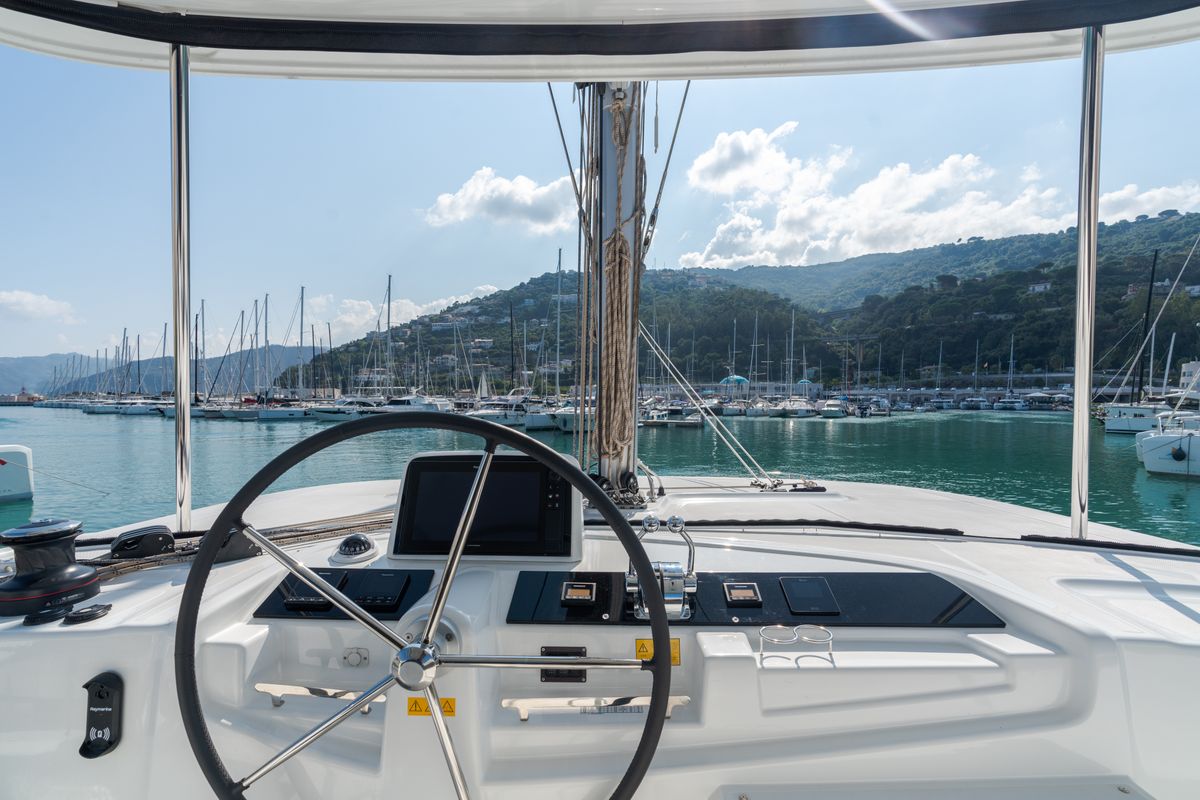 Cockpit of Big Cucuncio - Premium Line, a Lagoon 46 catamaran at Capo d'Orlando, Italy