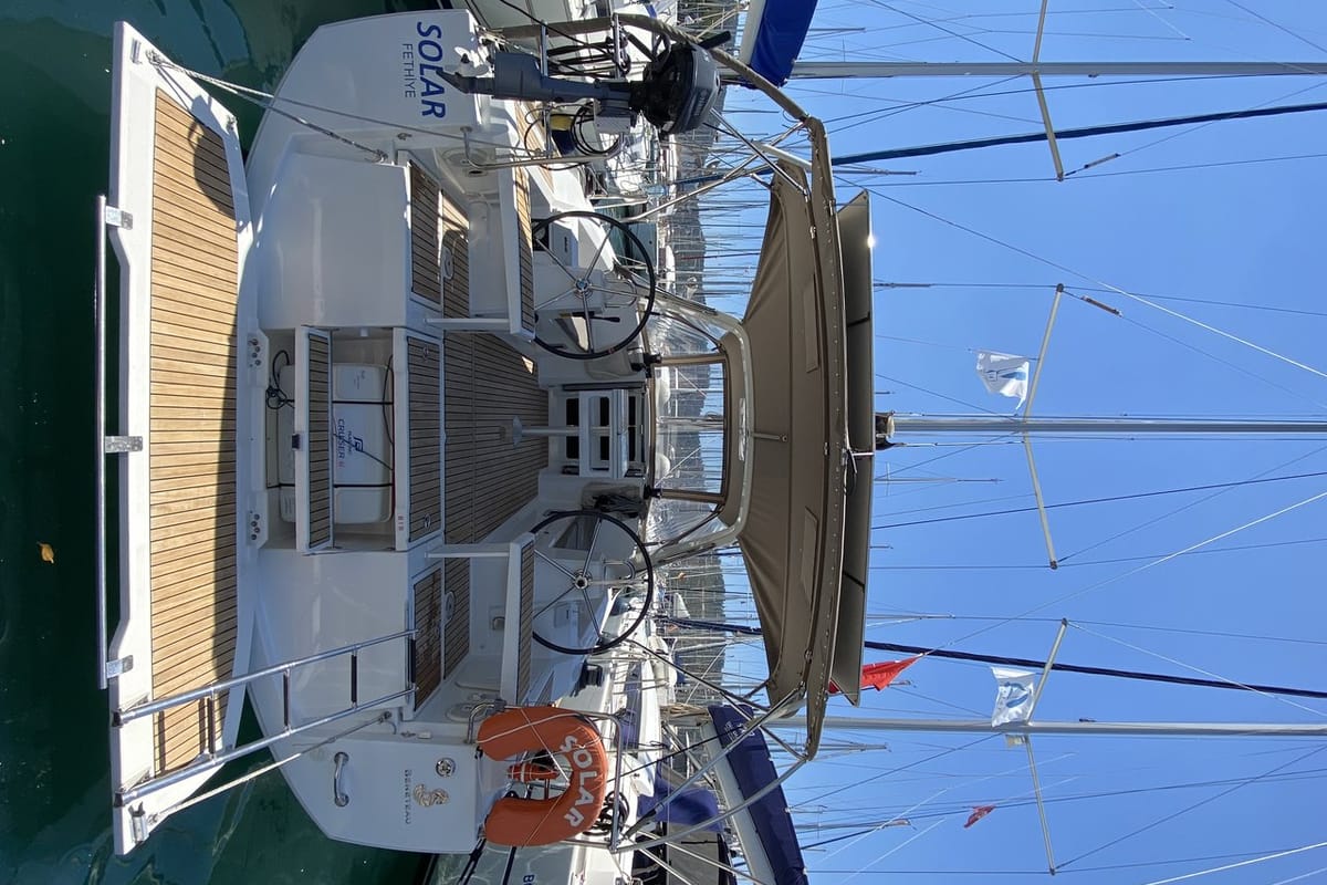 Deck of Solar, a Beneteau Oceanis 38 sailboat at Fethiye, Turkey
