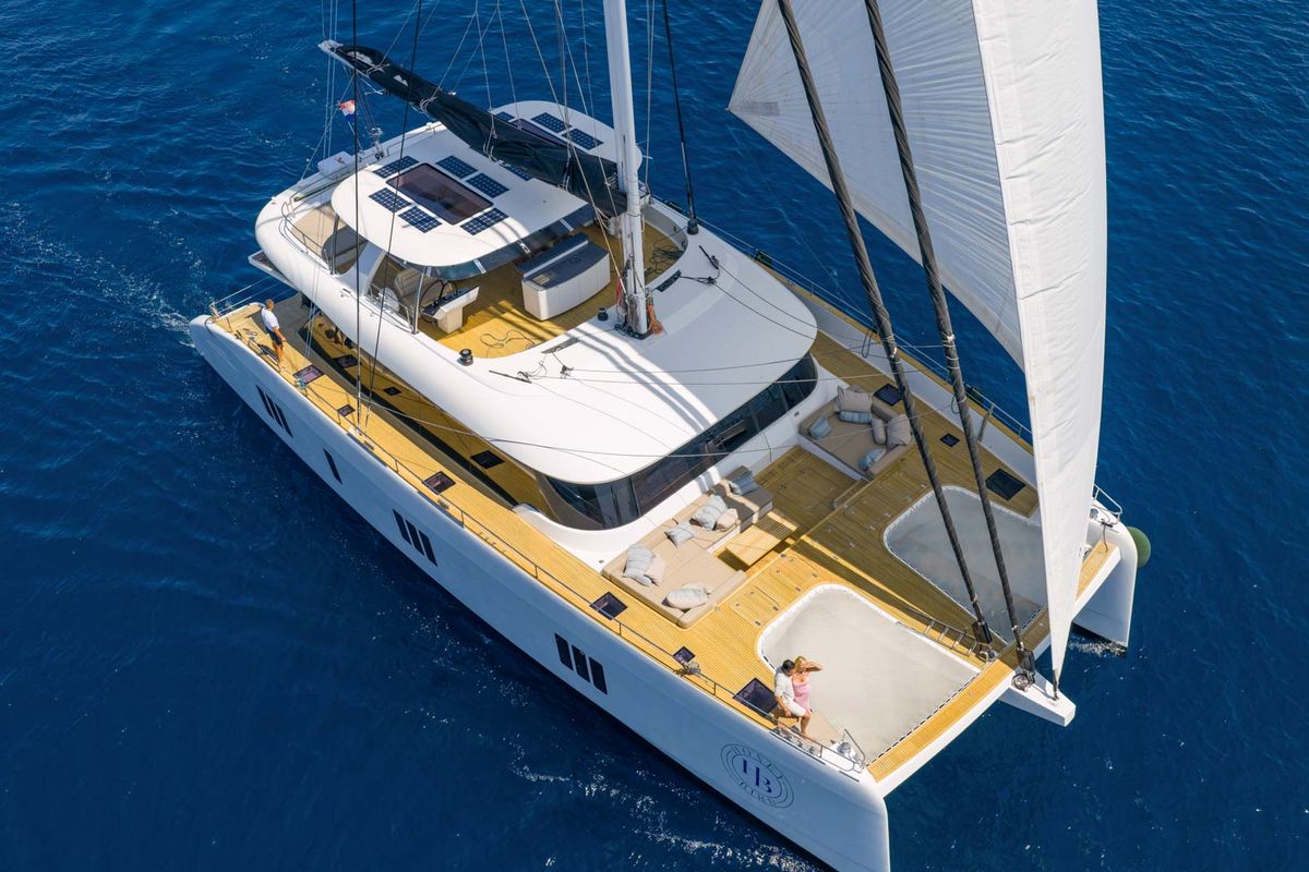 Exterior view of Honeybird, a Sunreef Yachts Sunreef 80 catamaran at Grad Šibenik, Croatia