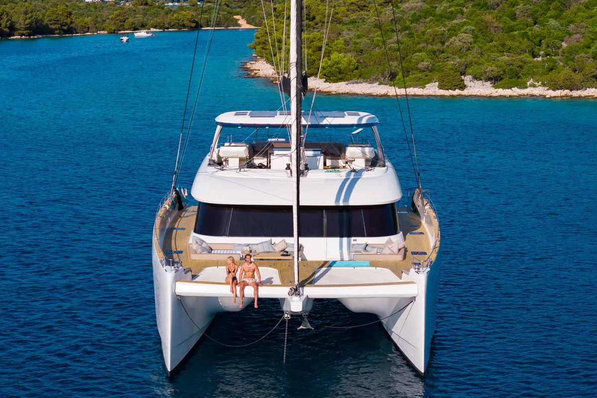 Exterior view of Honeybird, a Sunreef Yachts Sunreef 80 catamaran at Grad Šibenik, Croatia