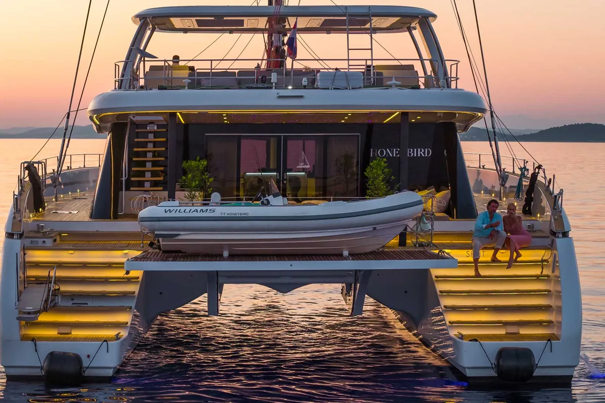 Exterior view of Honeybird, a Sunreef Yachts Sunreef 80 catamaran at Grad Šibenik, Croatia