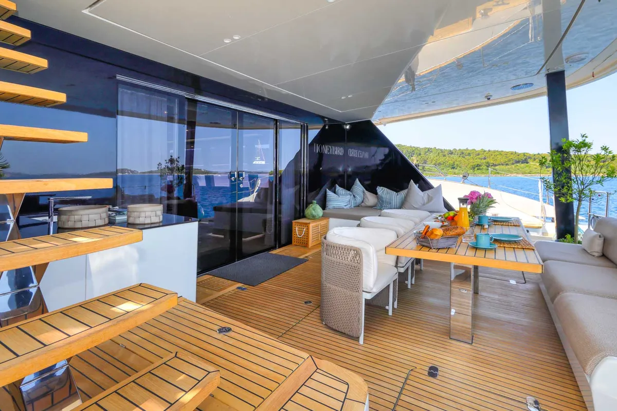 Deck of Honeybird, a Sunreef Yachts Sunreef 80 catamaran at Grad Šibenik, Croatia