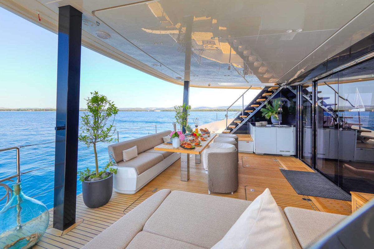 Deck of Honeybird, a Sunreef Yachts Sunreef 80 catamaran at Grad Šibenik, Croatia