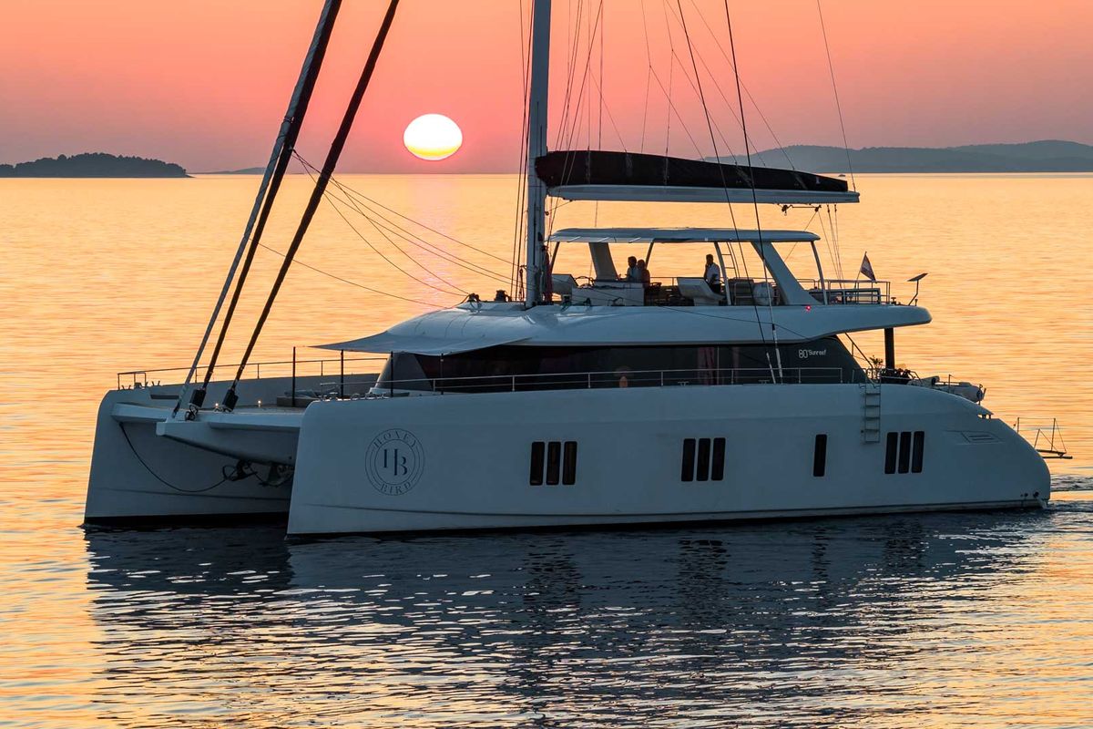 Exterior view of Honeybird, a Sunreef Yachts Sunreef 80 catamaran at Grad Šibenik, Croatia