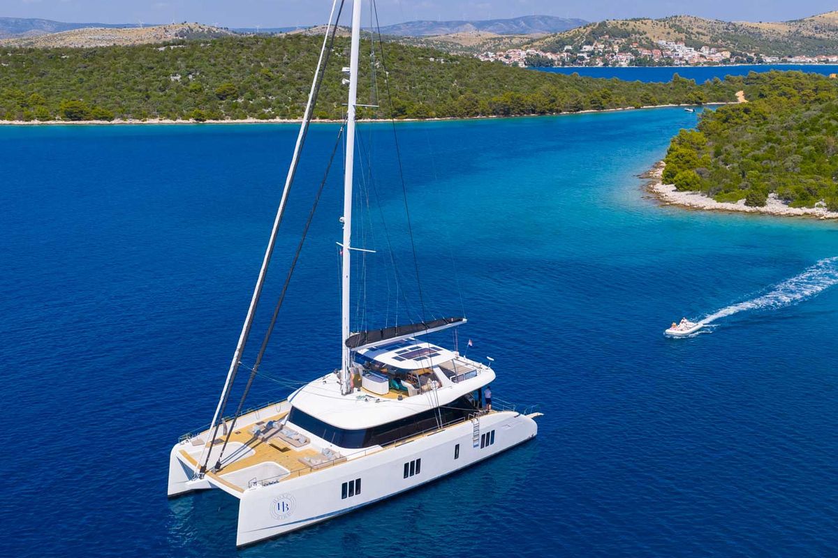 Exterior view of Honeybird, a Sunreef Yachts Sunreef 80 catamaran at Grad Šibenik, Croatia