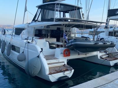 Deck of Ouna, a Lagoon 46 catamaran at Parikia, Greece