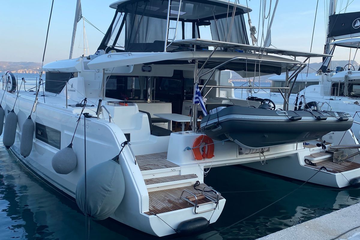 Deck of Ouna, a Lagoon 46 catamaran at Parikia, Greece