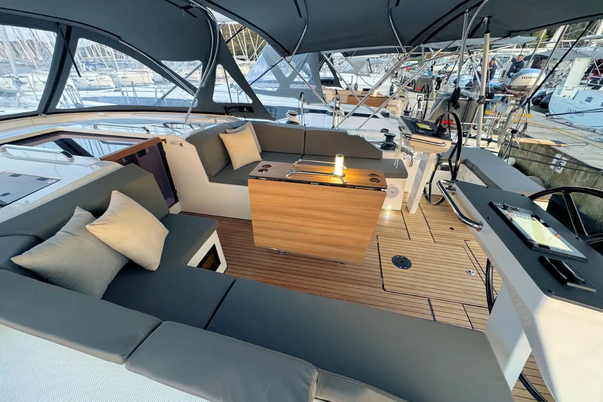Cockpit of Sabina, a Bavaria C46 sailboat at Grad Pula, Croatia