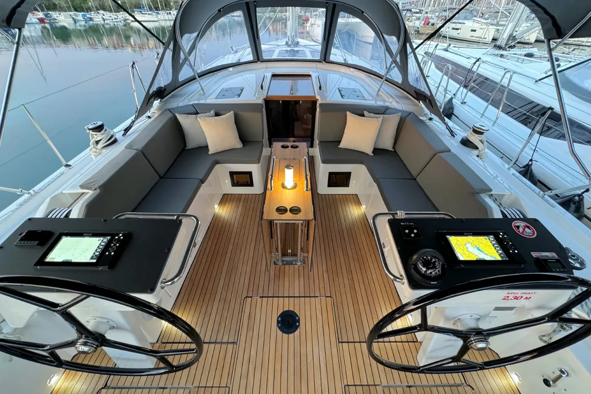 Cockpit of Sabina, a Bavaria C46 sailboat at Grad Pula, Croatia