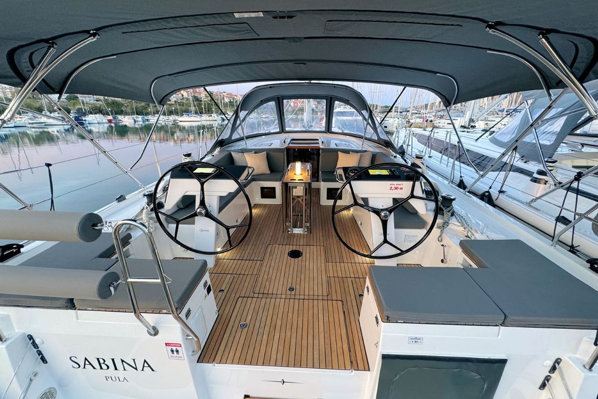 Cockpit of Sabina, a Bavaria C46 sailboat at Grad Pula, Croatia