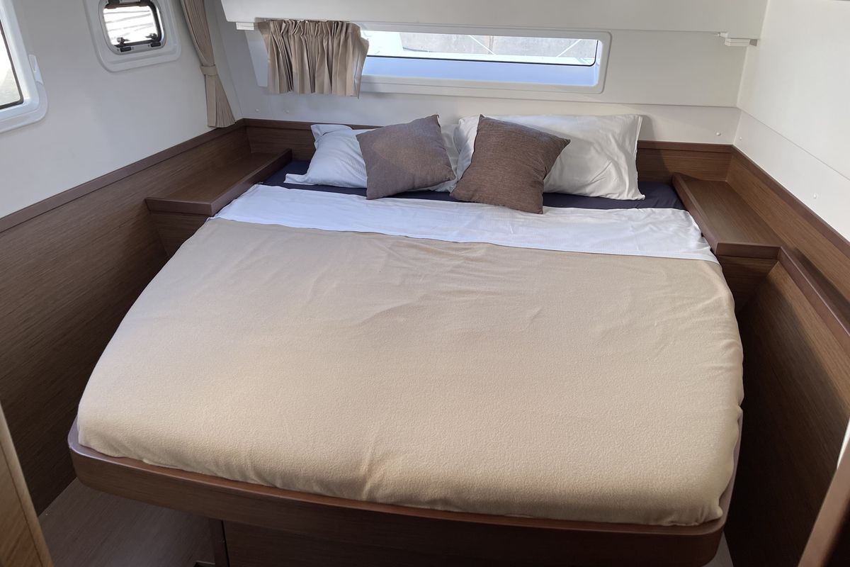 Cabin on Leucotea, a Lagoon 42 catamaran at Salerno, Italy
