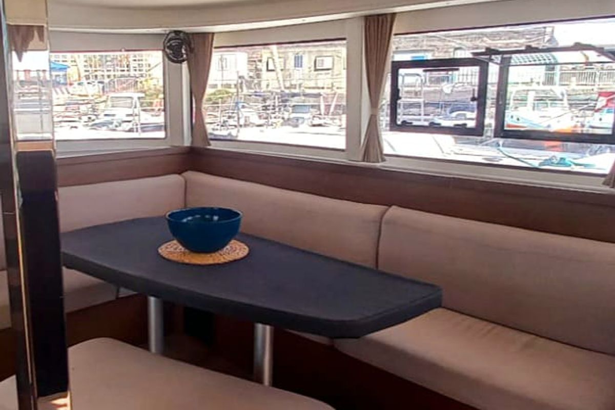 Salon of Leucotea, a Lagoon 42 catamaran at Salerno, Italy