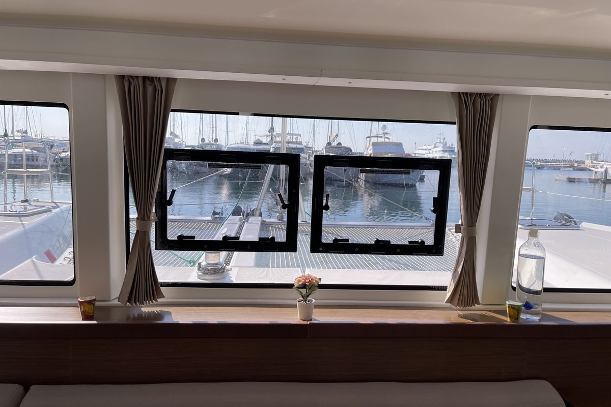Salon of Leucotea, a Lagoon 42 catamaran at Salerno, Italy