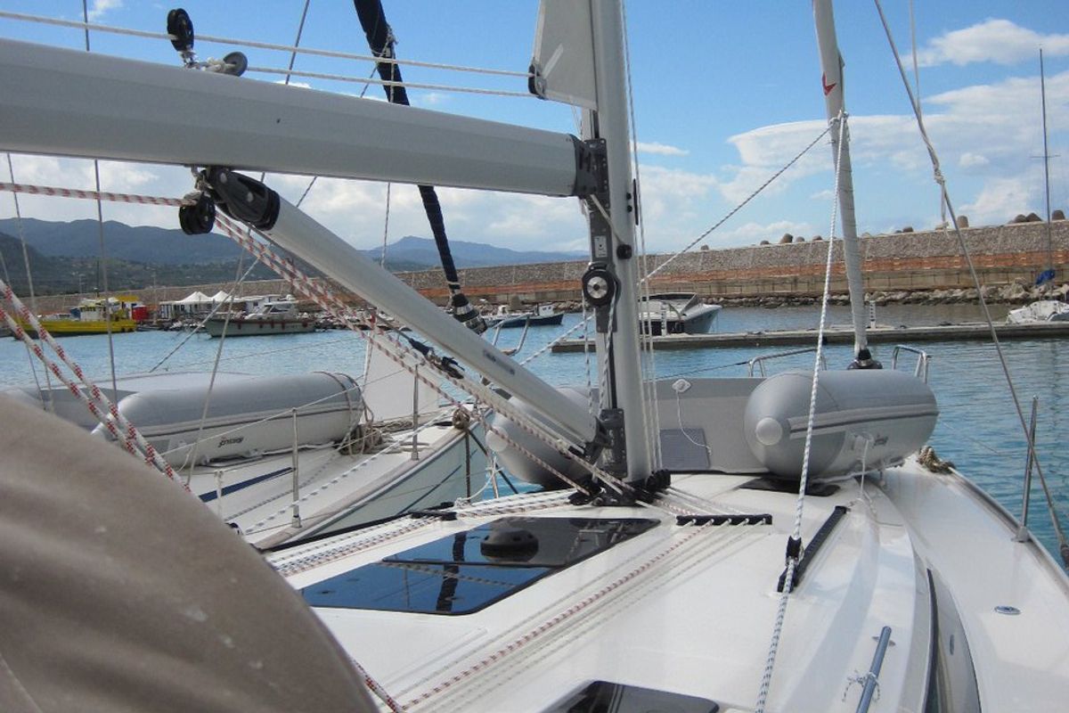 Deck of Marina, a Bavaria Cruiser 41 sailboat at Capo d'Orlando, Italy