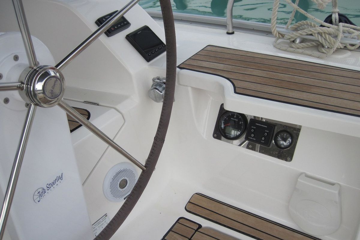 Cockpit of Marina, a Bavaria Cruiser 41 sailboat at Capo d'Orlando, Italy