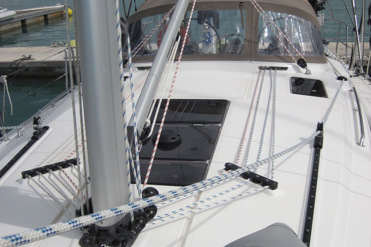 Deck of Marina, a Bavaria Cruiser 41 sailboat at Capo d'Orlando, Italy