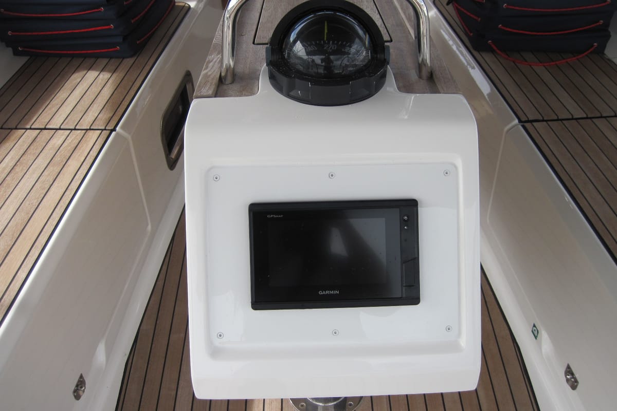 Cockpit of Marina, a Bavaria Cruiser 41 sailboat at Capo d'Orlando, Italy