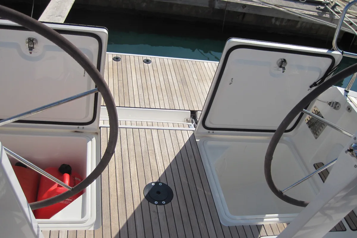 Deck of Marina, a Bavaria Cruiser 41 sailboat at Capo d'Orlando, Italy