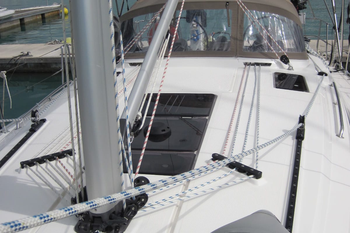 Deck of Marina, a Bavaria Cruiser 41 sailboat at Capo d'Orlando, Italy