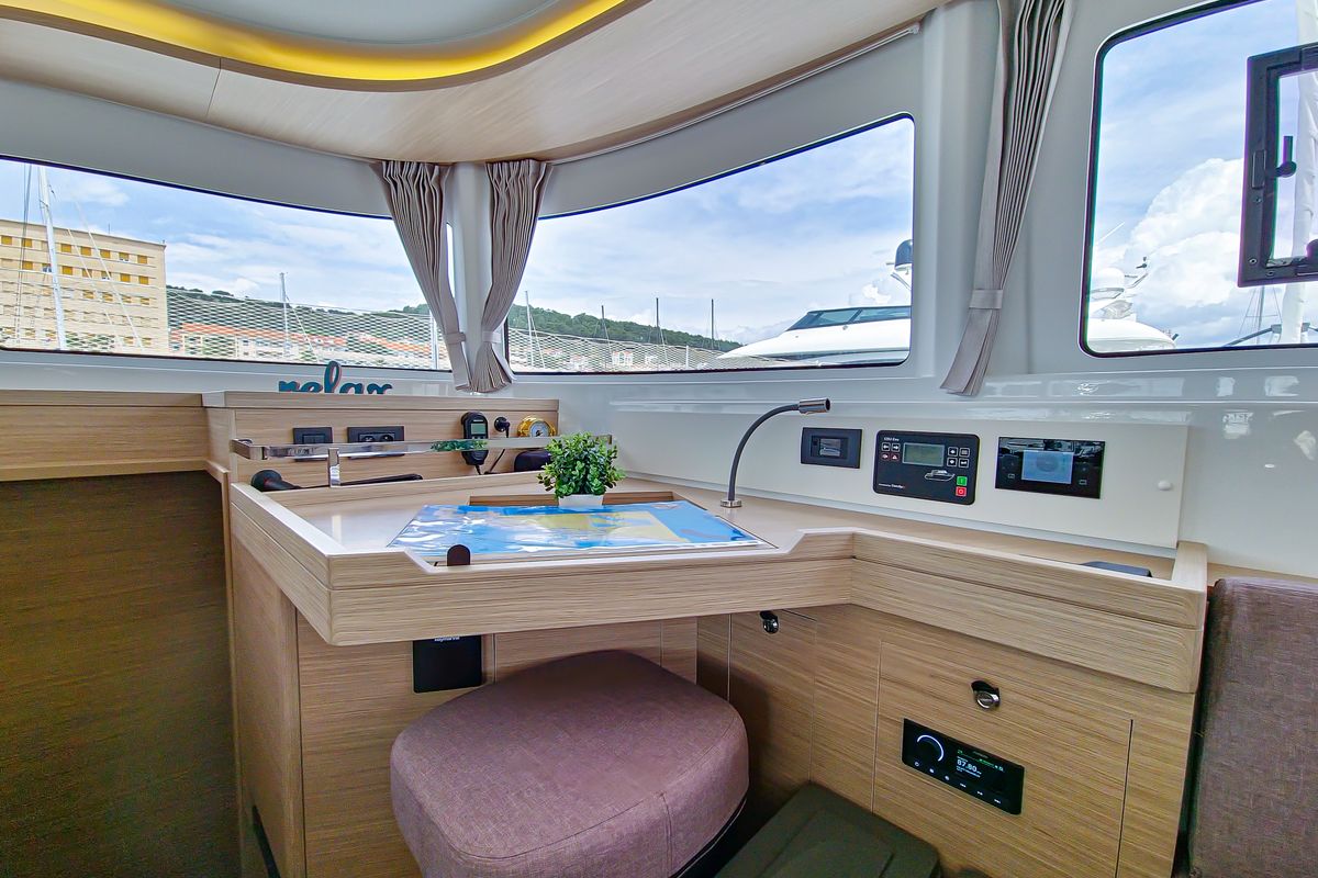 Salon of FELICITÀ, a Lagoon 46 catamaran at Split, Croatia