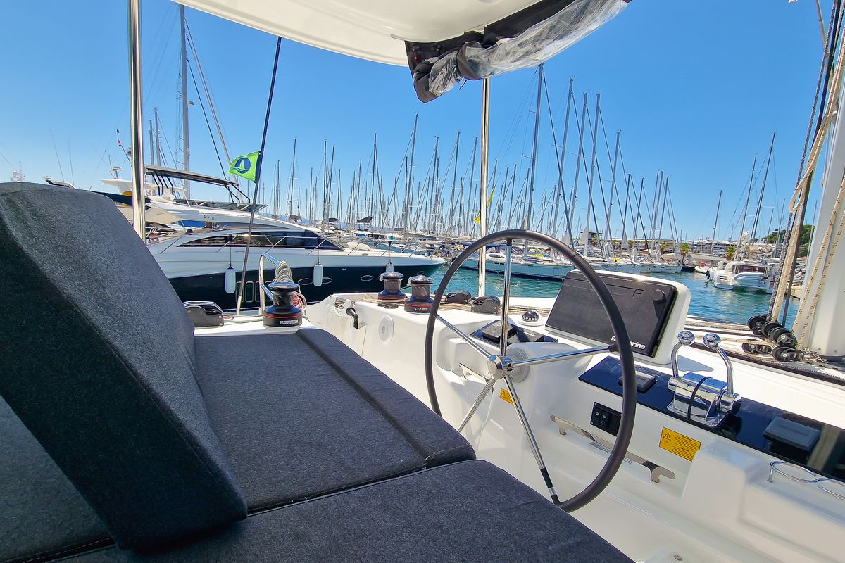 Cockpit of FELICITÀ, a Lagoon 46 catamaran at Split, Croatia