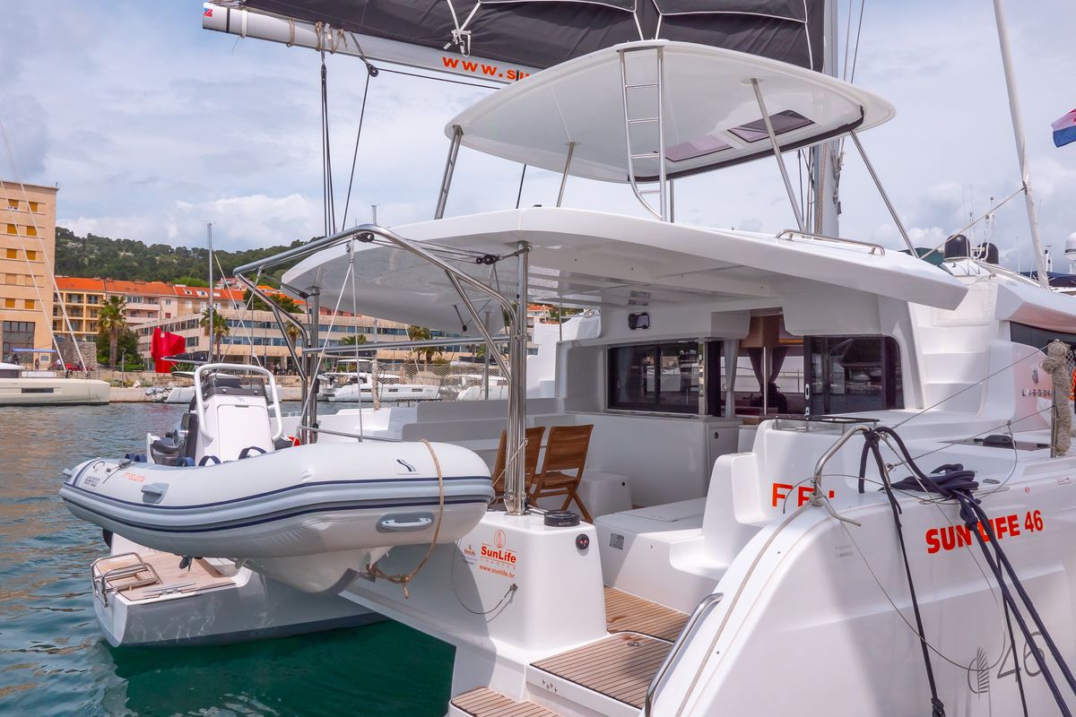 Exterior view of FELICITÀ, a Lagoon 46 catamaran at Split, Croatia