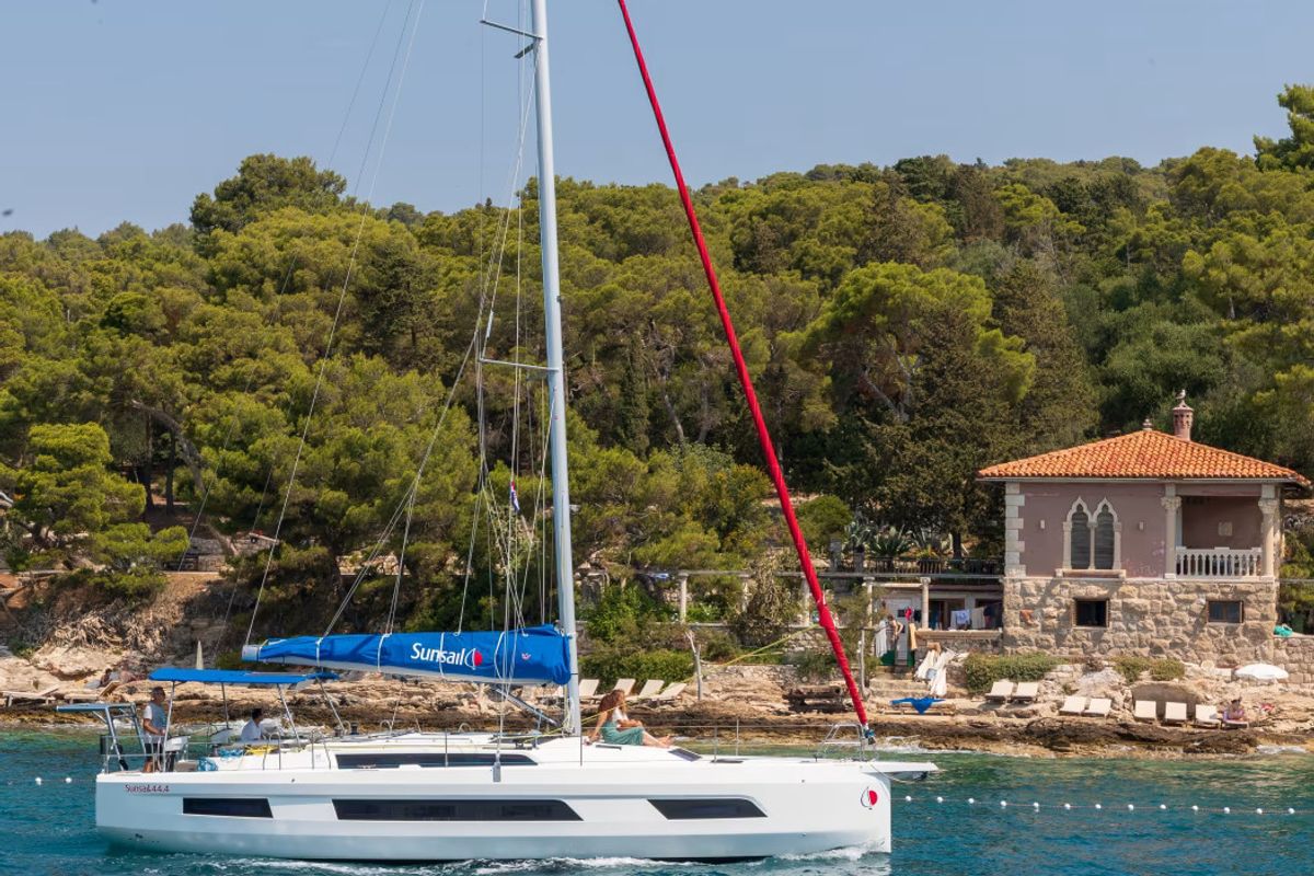 Exterior view of Sunsail 44.4 Premium Plus, a Dufour 44 sailboat at Gouvia, Greece