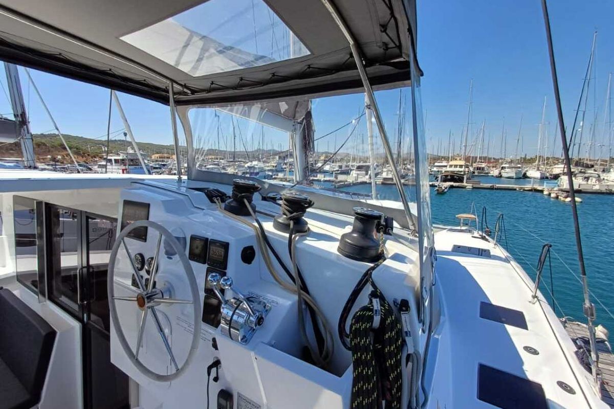 Cockpit of My Tim, a Fountaine Pajot Isla 40 catamaran at Municipal Unit of Rhodes, Greece