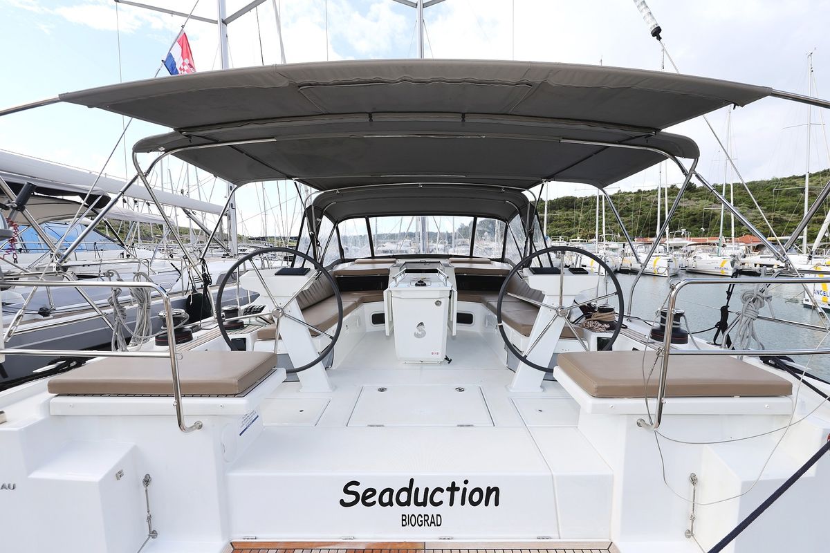 Cockpit of Seaduction, a Beneteau Oceanis 51.1 sailboat at Grad Trogir, Croatia