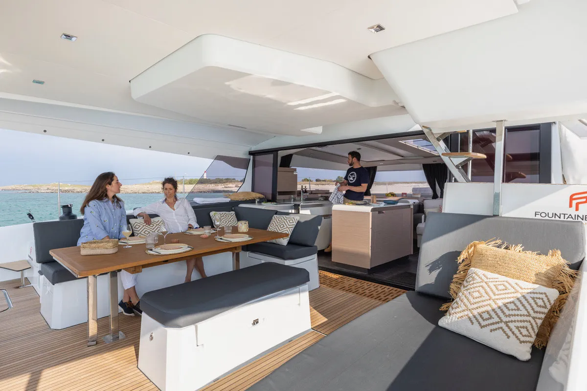 Premium +, a Fountaine Pajot Aura 51 catamaran at Sant Antoni de Portmany, Spain
