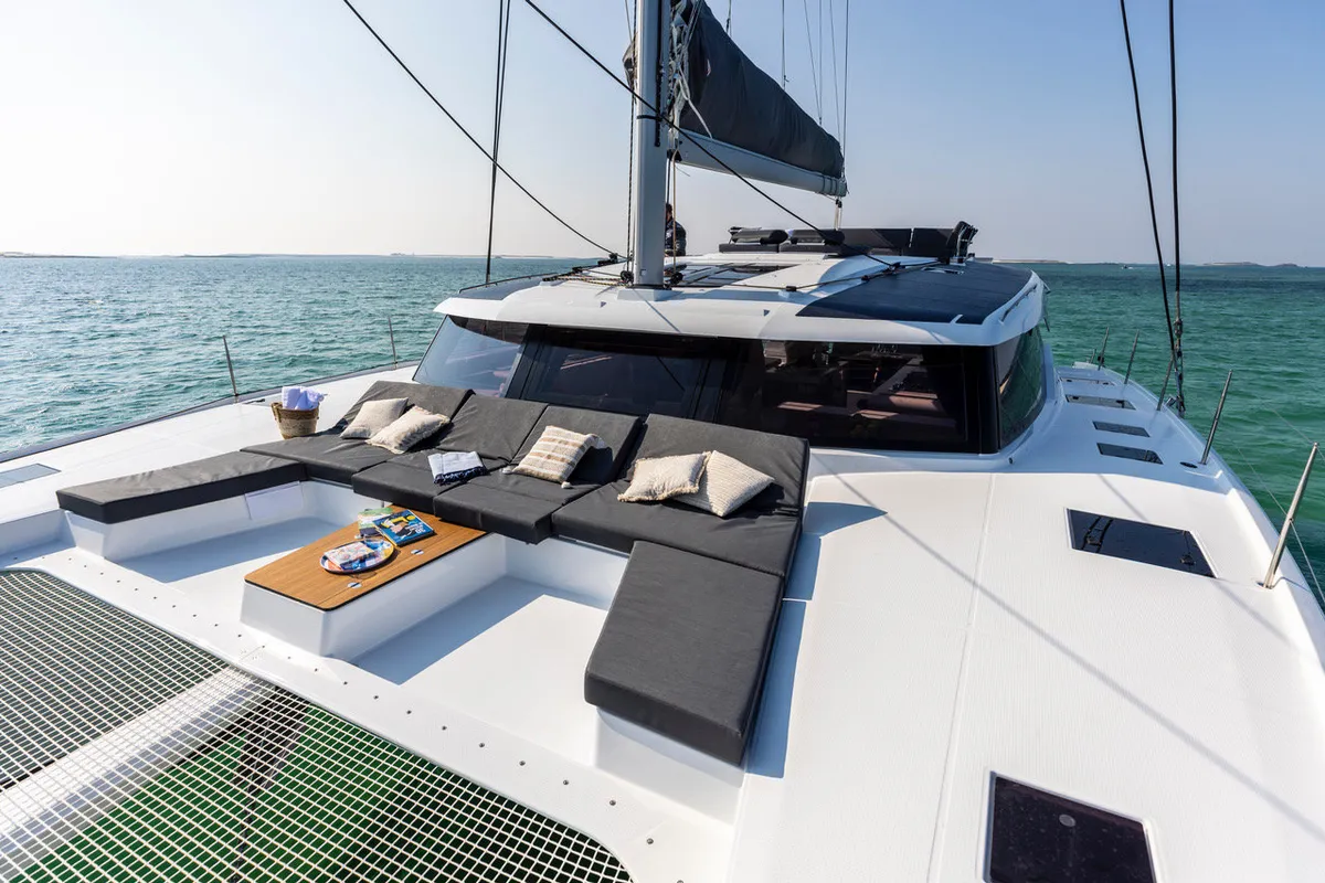 Premium +, a Fountaine Pajot Aura 51 catamaran at Sant Antoni de Portmany, Spain