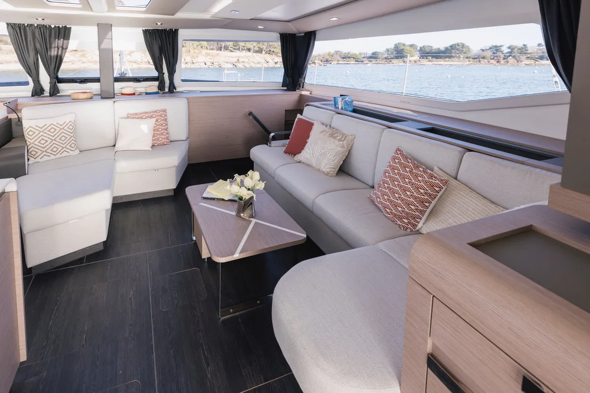 Premium +, a Fountaine Pajot Aura 51 catamaran at Sant Antoni de Portmany, Spain